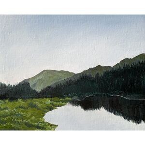 8x10 Original Oil Landscape Painting Alpine Lake Pines Mountains Grass Signed